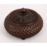 A GOOD CHINESE 20TH CENTURY CARVED WOODEN CARP CENSER, the censer carved in basket weave form,