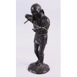 A JAPANESE MEIJI PERIOD BRONZE OKIMONO - SMOKING MAN, the figure stood upon stylized base, holding