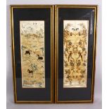 TWO FINE 18TH CENTURY CHINESE EMBROIDERED SILK FRAMED TEXTILES, one embroidered to depict grazing