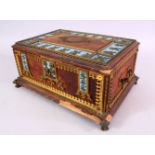 AN UNUSUAL POSSIBLY ISLAMIC ENAMEL AND LEATHER BOUND WOODEN BOX, with inset enamel panels, leather
