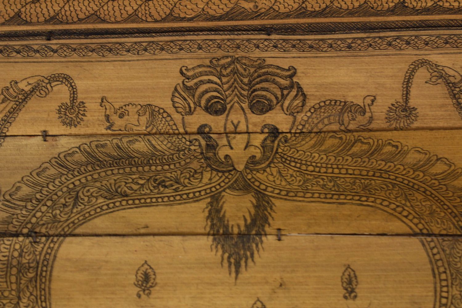 A 19C SOUTH INDIAN ETCHED PALM LEAF'S, carved with Hindu deity, 49cm x 38cm - Image 5 of 9