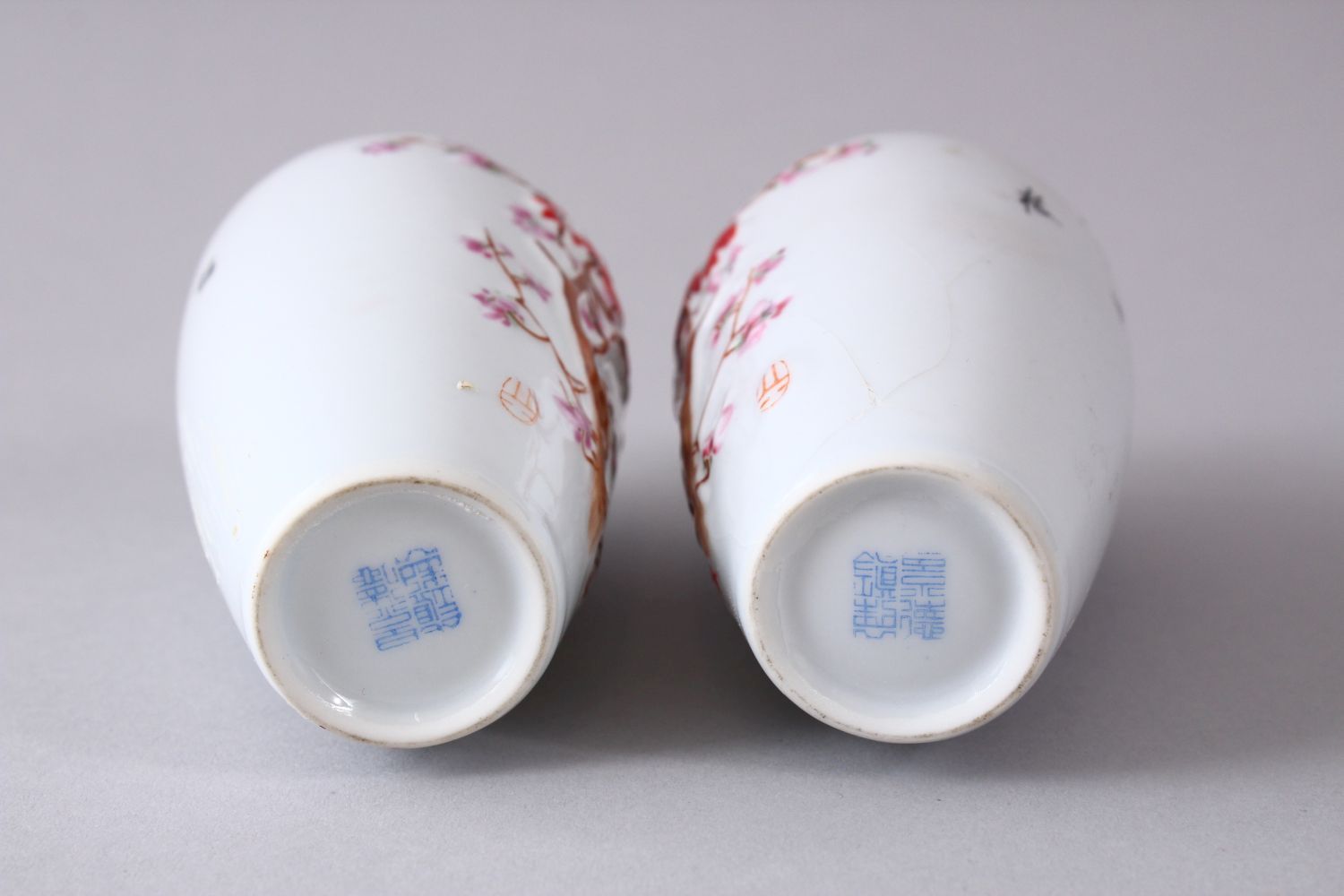 A PAIR OF CHINESE REPUBLIC STYLE EGG SHELL PORCELAIN FAMILLE ROSE VASES, with raised and decorated - Image 5 of 7