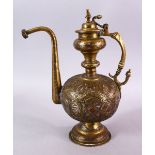 A 19TH CENTURY ISLAMIC CAIROWARE SILVER INLAID EWER, with silver and coper inlay depicting animals