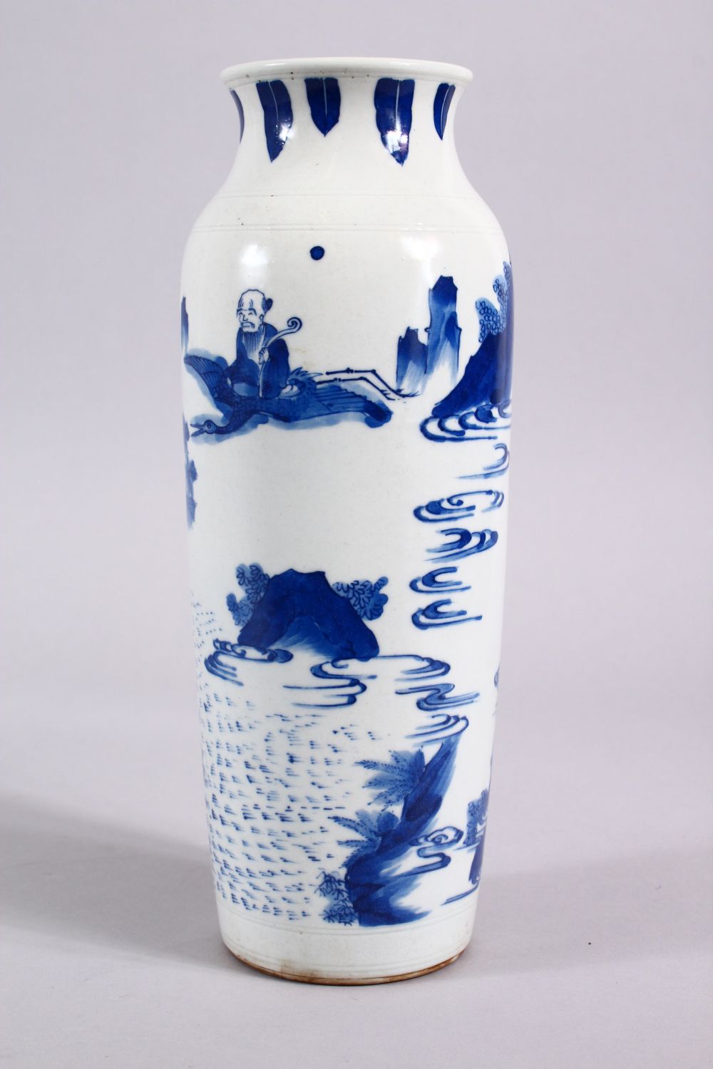 A CHINESE BLUE & WHITE TRANSITIONAL STYLE PORCELAIN SLEEVE VASE. decorated with immortal figures, - Image 4 of 6