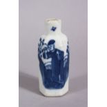 A CHINESE BLUE & WHITE PORCELAIN HEXAONAL FORM SNUFF BOTTLE, decorated with a figure in a garden,