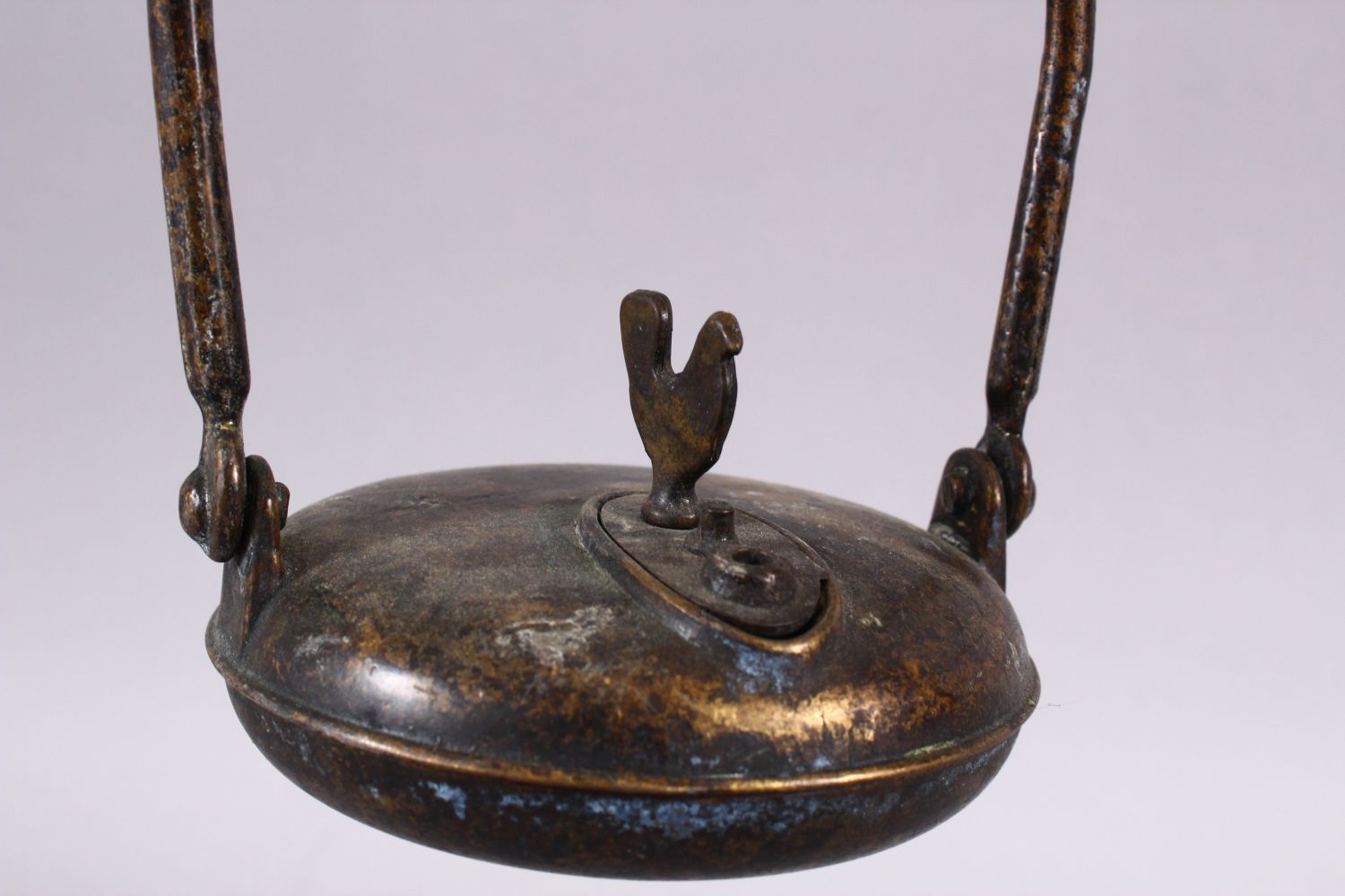 AN UNUSUAL 19TH CENTURY BRONZE HANGING OIL LAMP WITH BIRD, the lamp with a figure of a bird, 53cm - Image 2 of 3