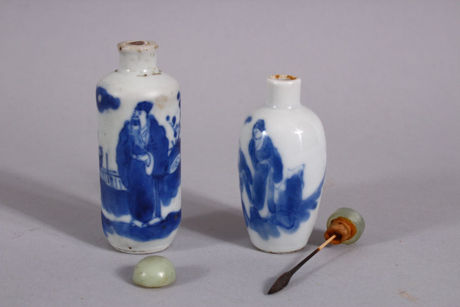 TWO CHINESE BLUE & WHITE PORCELAIN PORCELAIN SNUFF BOTTLES, both decorated with figures in - Image 3 of 4