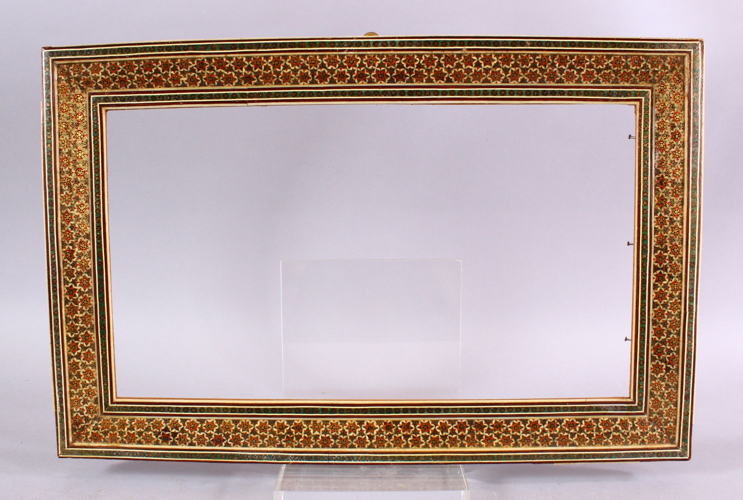 A 19TH CENTURY VIZAGAPATAM PERISAN INLAID FRAME, 45cm x 29cm .