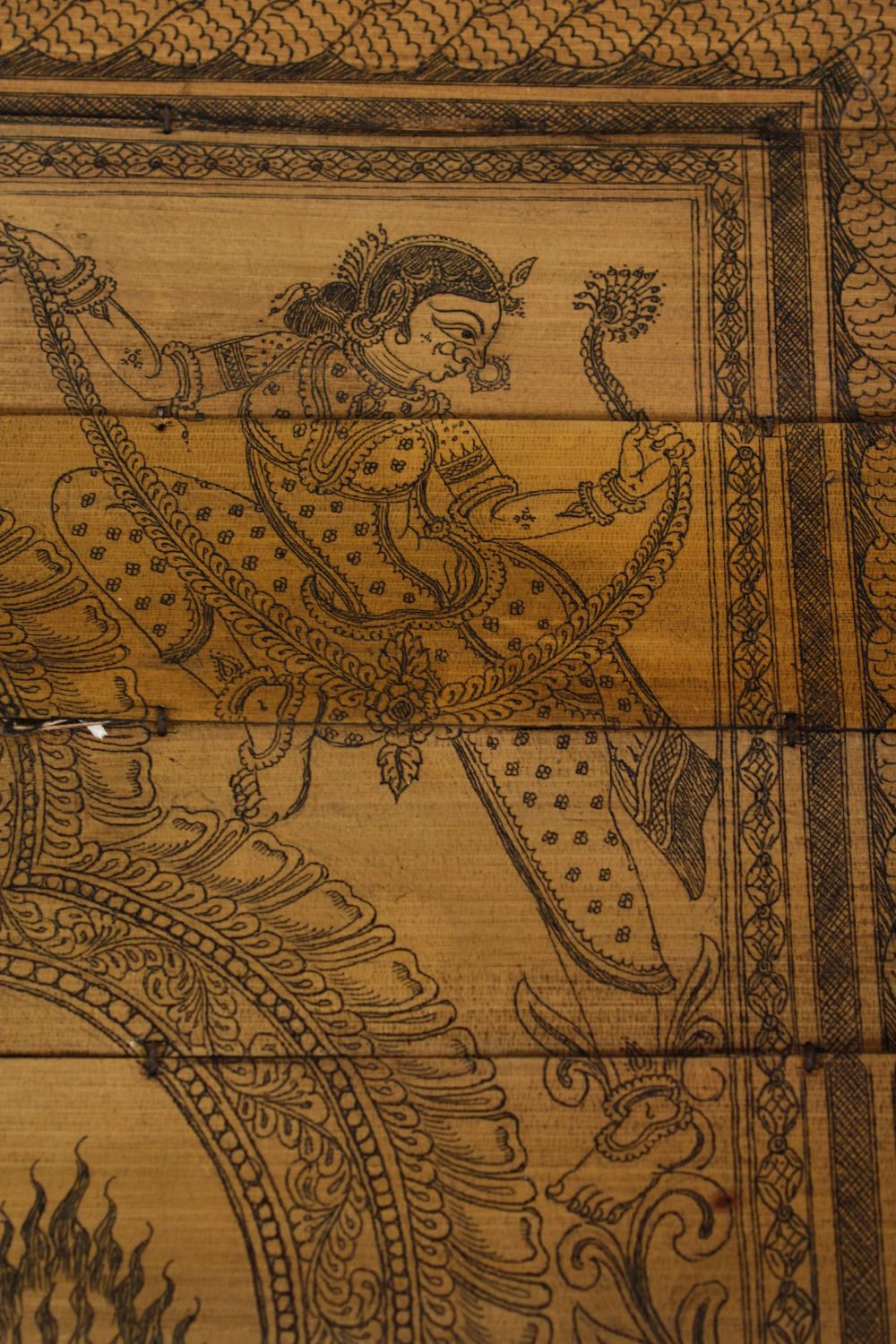 A 19C SOUTH INDIAN ETCHED PALM LEAF'S, carved with Hindu deity, 49cm x 38cm - Image 6 of 9