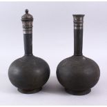 A GOOD PAIR OF INDIAN BIDRI SILVER INLAID BOTTLE VASES AND COVER, 27CM.