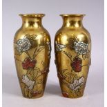 A PAIR OF JAPANESE MEIJI MIXED METAL BRONZE VASES, on laid with silver and copper to depict birds