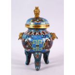 A 19TH / 20TH CENTURY CHINESE CLOISONNE INCENSE BURNER & COVER, decorated with a blue ground with