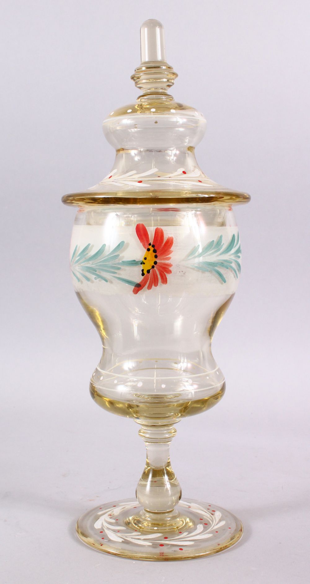 A 19TH CENTURY ENAMELED POSS MOSER GLASS VASE & COVER, with enameled floral decoration and gilt