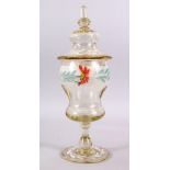 A 19TH CENTURY ENAMELED POSS MOSER GLASS VASE & COVER, with enameled floral decoration and gilt