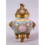 A FINE QUALITY 19TH / 20TH CENTURY CHINESE ENAMEL INCENSE BURNER & COVER, decorated with cafe au