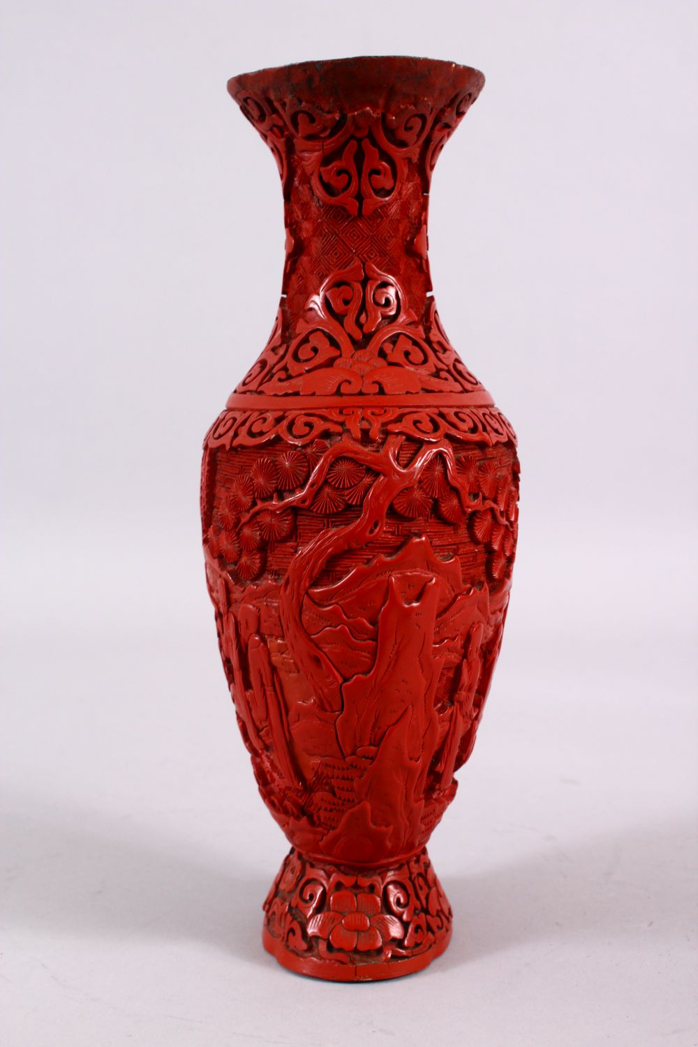 A 19TH / 20TH CENTURY CHINESE CINNABAR LACQUER VASE, decorated with figures in a landscape with - Image 3 of 6