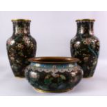 A 19TH / 20TH CENTURY CHINESE CLOISONNE TRIO, consisting of a pair of vases and a planter, decorated