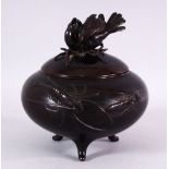 A JAPANESE MEIJI PERIOD BRONZE CRAYFISH & BIRD BOWL & COVER, the body of the bowl with two