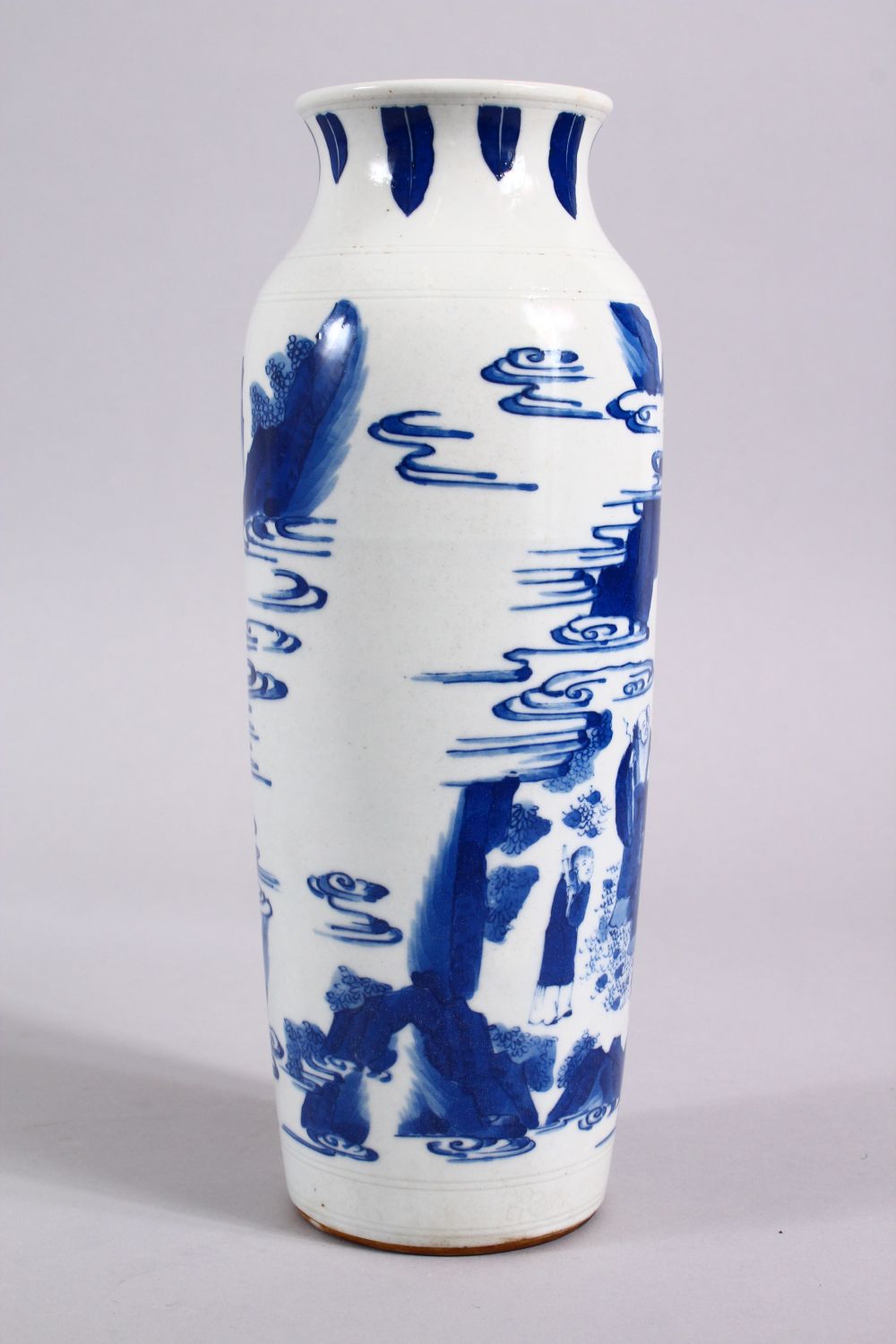 A CHINESE BLUE & WHITE TRANSITIONAL STYLE PORCELAIN SLEEVE VASE. decorated with immortal figures, - Image 3 of 6