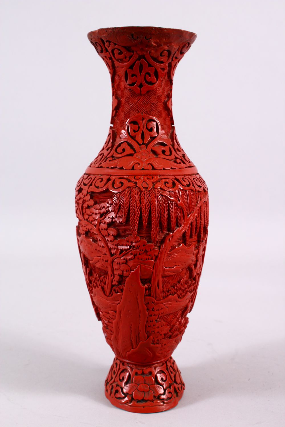 A 19TH / 20TH CENTURY CHINESE CINNABAR LACQUER VASE, decorated with figures in a landscape with - Image 5 of 6