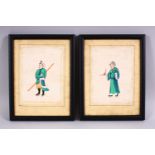 A PAIR OF 19TH CENTURY CHINESE RICE PAPER PAINTINGS, each depicting figures, one with a fan the