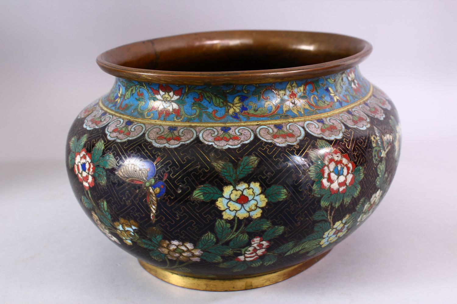 A 19TH / 20TH CENTURY CHINESE CLOISONNE TRIO, consisting of a pair of vases and a planter, decorated - Image 6 of 11