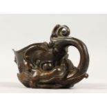 A GOOD CHINESE ARCHAIC STYLE BRONZE LIBATION CUP, cast as a dragon with flames from its mouth