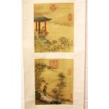 A CHINESE SCROLL PAINTING ON SILK OF FIGURES IN BALCONY'S - LENG MEI - the scroll with two paintings