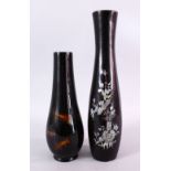 TWO CHINESE 19TH / 20TH CENTURY INLAID MOTHER OF PEARL & PAINTED LACQUER VASES, the larger inlaid
