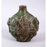 A CHINESE BRONZE TWIN HANDLE VASE OF FIGURE UPON HORSEBACK, the vase with twin moulded handles, with