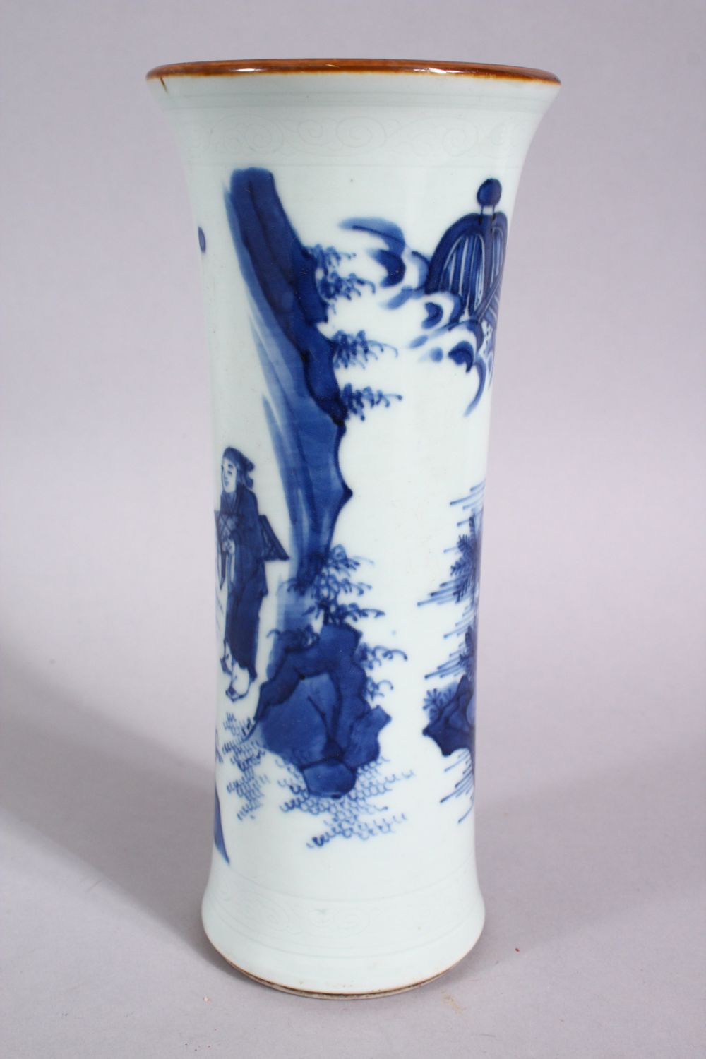 A CHINESE BLUE & WHITE PORCELAIN SLEEVE VASE, decorate with scenes of figures in landscape settings, - Image 4 of 6