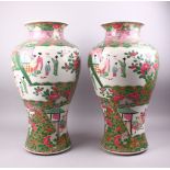 A LARGE PAIR OF JAPANESE FAMILLE ROSE STYLE PORCELAIN VASES, decorated with canton style