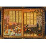 A DOUBLE PERSIAN MINIATURE PRINT - depicting figures interior and figures and horses exterior,