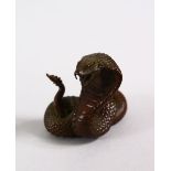 A JAPANESE BRONZE FIGURE OF A COBRA SNAKE, marked underside, 4.5cm.