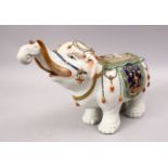 A GOOD JAPANESE MEIJI PERIOD KUTANI PORCELAIN ELEPHANT FIGURE, the figure in a striding pose with