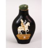A GOOD 19TH / 20TH CENTURY CHINESE FAMILLE NOIR SNUFF BOTTLE, decorated with scenes of a figure upon