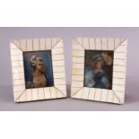 A NICE PAIR OF CARVED IVORY PHOTO FRAMES - each with painted European figures, on possibly ivory