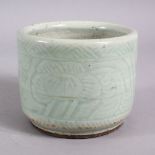 A CHINESE LONGQUAN STYLE CELADON PORCELAIN BRUSH WASH, with floral scraffito decoration, 13cm