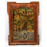 A LARGE ISLAMIC PERSIAN REVERSE PAINTED GLASS PANEL - BATTLE SCENE - SIGNED - the reverse glass