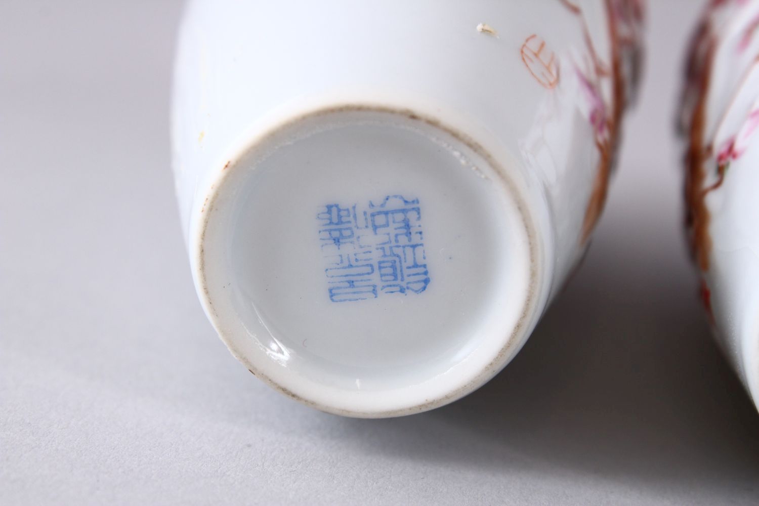 A PAIR OF CHINESE REPUBLIC STYLE EGG SHELL PORCELAIN FAMILLE ROSE VASES, with raised and decorated - Image 6 of 7