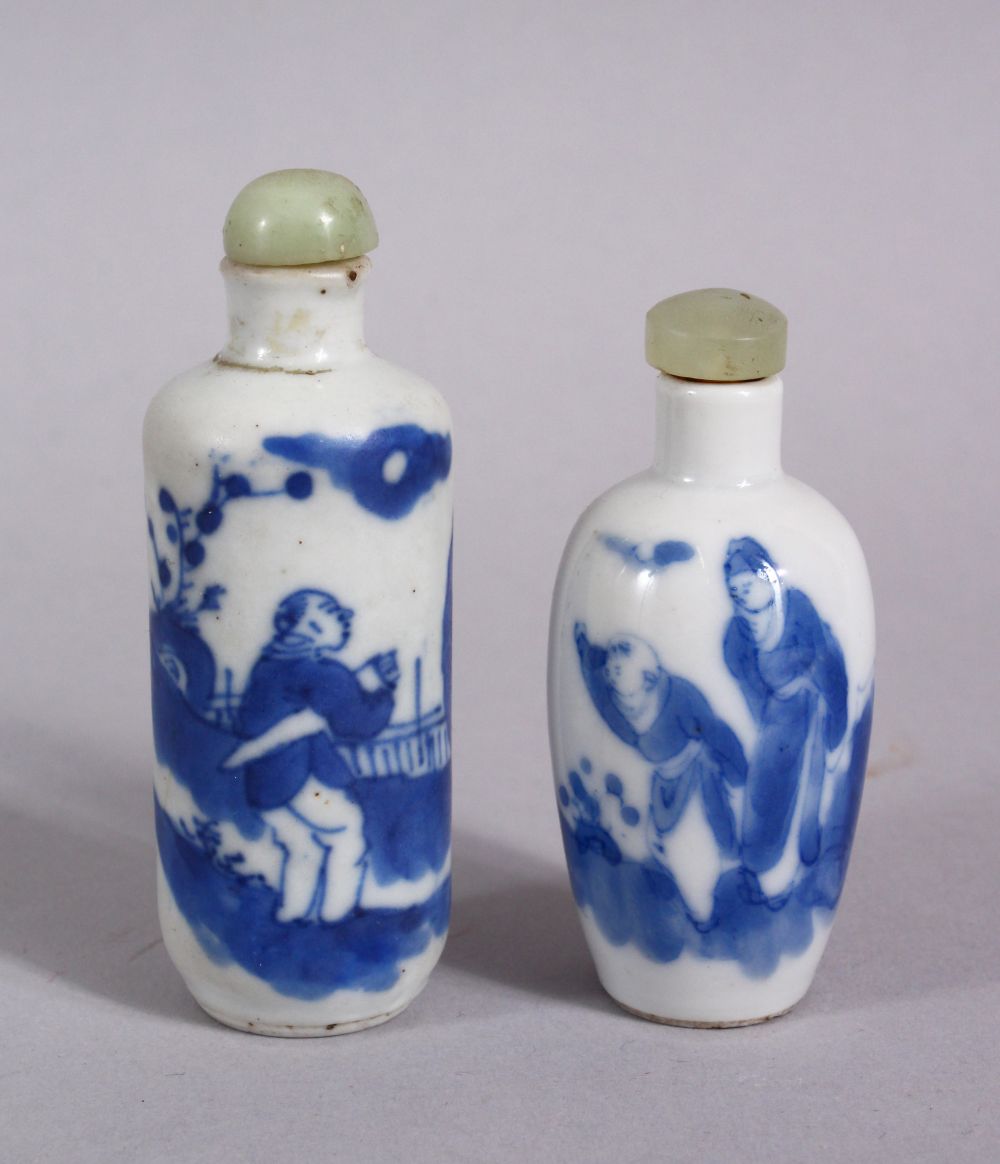 TWO CHINESE BLUE & WHITE PORCELAIN PORCELAIN SNUFF BOTTLES, both decorated with figures in