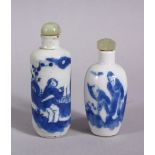 TWO CHINESE BLUE & WHITE PORCELAIN PORCELAIN SNUFF BOTTLES, both decorated with figures in