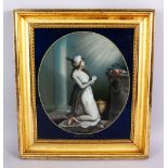 AN 18TH / 19TH CENTURY INDIAN EUROPEAN SCHOOL REVERSE PAINTED GLASS PICTURE OF A FEMALE FIGURE,