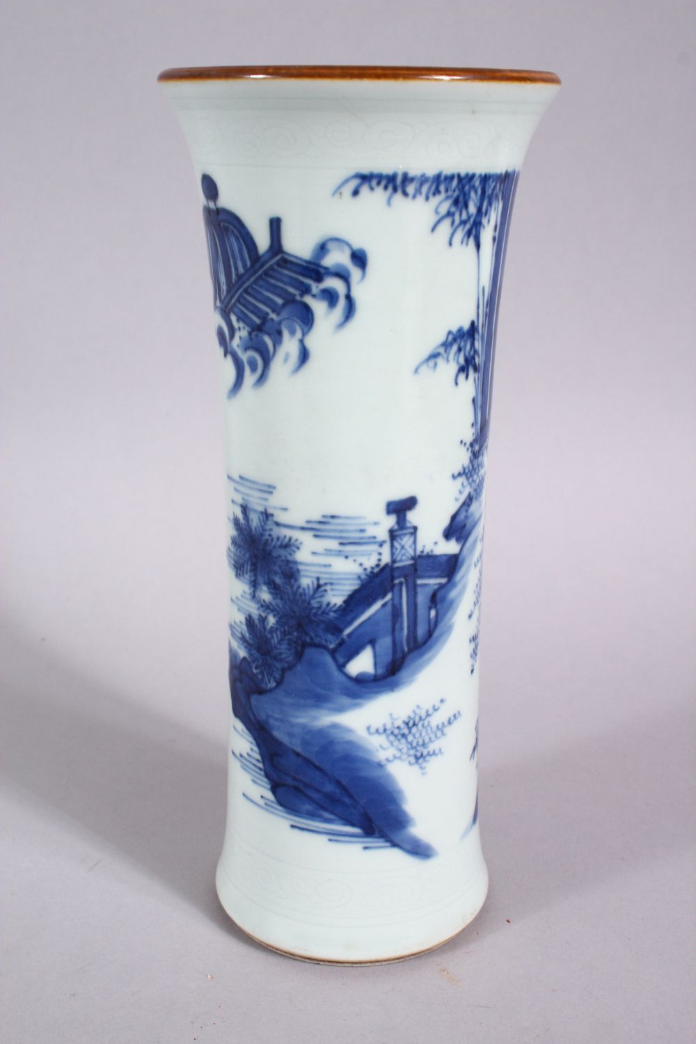 A CHINESE BLUE & WHITE PORCELAIN SLEEVE VASE, decorate with scenes of figures in landscape settings, - Image 3 of 6