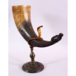 A FINE 19TH CENTURY INDIAN CARVED HORN VASE ON A STAND - with a carved cobra snake and a recumbent