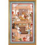 A 19TH / 20TH CENTURY PERSIAN MUGHAL PAINTED MINIATURE, depicting many figures before a prince, 46cm