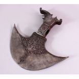 A FINE 19TH CENTURY PERSIAN QAJAR GOLD INLAID ENGRAVED STEEL AXE HEAD, with carved figures and