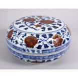 A CHINESE BLUE, WHITE & COPPER RED MING STYLE PORCELAIN BOX & COVER, decorated with underglaze