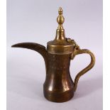 A 19TH CENTURY TURKISH OTTOMAN BRASS COFFEE POT, with keyed decoration and signed seal, 24cm