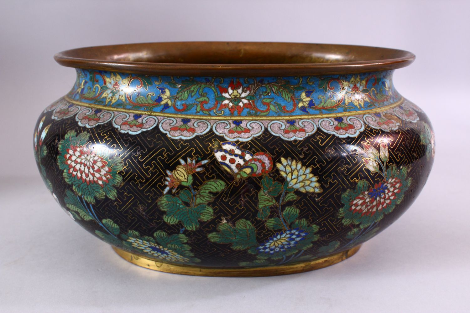 A 19TH / 20TH CENTURY CHINESE CLOISONNE TRIO, consisting of a pair of vases and a planter, decorated - Image 2 of 11